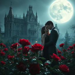 An enchanting scene featuring a vampire couple tenderly embracing one another amidst a garden brimming with crimson roses, their petals glistening with dew under the pale moonlight