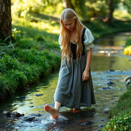 A 16-year-old medieval peasant girl dipping her bare feet in the water of a clear stream