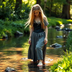 A 16-year-old medieval peasant girl dipping her bare feet in the water of a clear stream