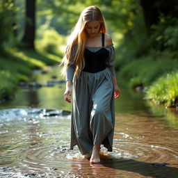 A 16-year-old medieval peasant girl dipping her bare feet in the water of a clear stream