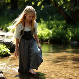 A 16-year-old medieval peasant girl dipping her bare feet in the water of a clear stream