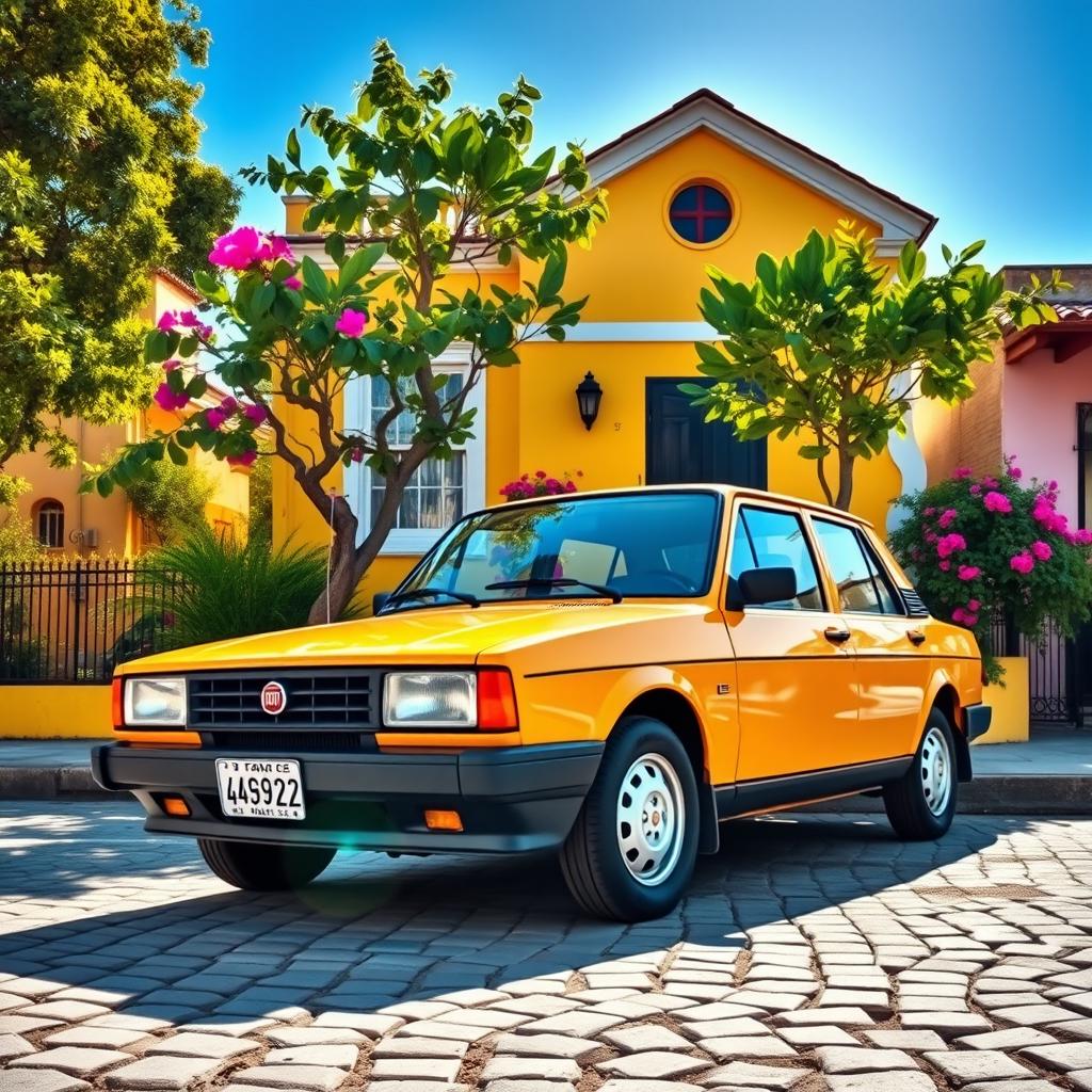 A classic 1994 Fiat Duna, specifically representing the Argentinian model, parked in front of a charming yellow house typical of Argentine architecture