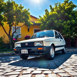 A classic 1994 Fiat Duna, specifically representing the Argentinian model, parked in front of a charming yellow house typical of Argentine architecture