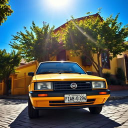 A classic 1994 Fiat Duna, specifically representing the Argentinian model, parked in front of a charming yellow house typical of Argentine architecture