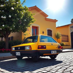 A classic 1994 Fiat Duna, specifically representing the Argentinian model, parked in front of a charming yellow house typical of Argentine architecture