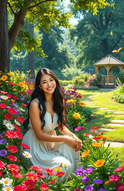 A serene garden scene featuring a woman named Lareen, radiating joy as she tends to her vibrant flowers and lush greenery