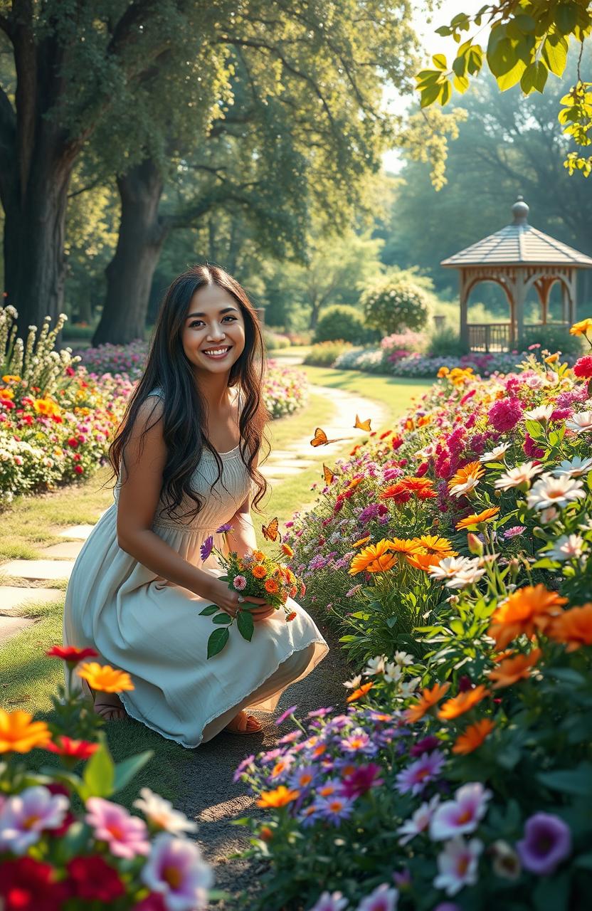 A serene garden scene featuring a woman named Lareen, radiating joy as she tends to her vibrant flowers and lush greenery