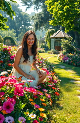 A serene garden scene featuring a woman named Lareen, radiating joy as she tends to her vibrant flowers and lush greenery