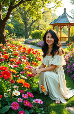 A serene garden scene featuring a woman named Lareen, radiating joy as she tends to her vibrant flowers and lush greenery