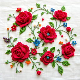 A unique and beautiful embroidery design featuring intricate floral patterns with vibrant colors of red, blue, and green