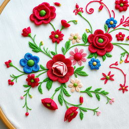 A unique and beautiful embroidery design featuring intricate floral patterns with vibrant colors of red, blue, and green