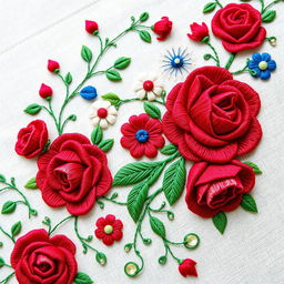 A unique and beautiful embroidery design featuring intricate floral patterns with vibrant colors of red, blue, and green