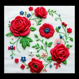 A unique and beautiful embroidery design featuring intricate floral patterns with vibrant colors of red, blue, and green