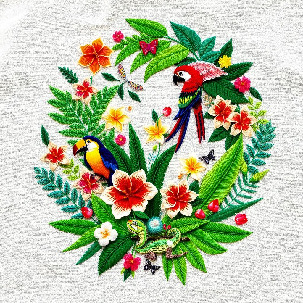 A unique hand embroidery design that combines botanical and wildlife elements