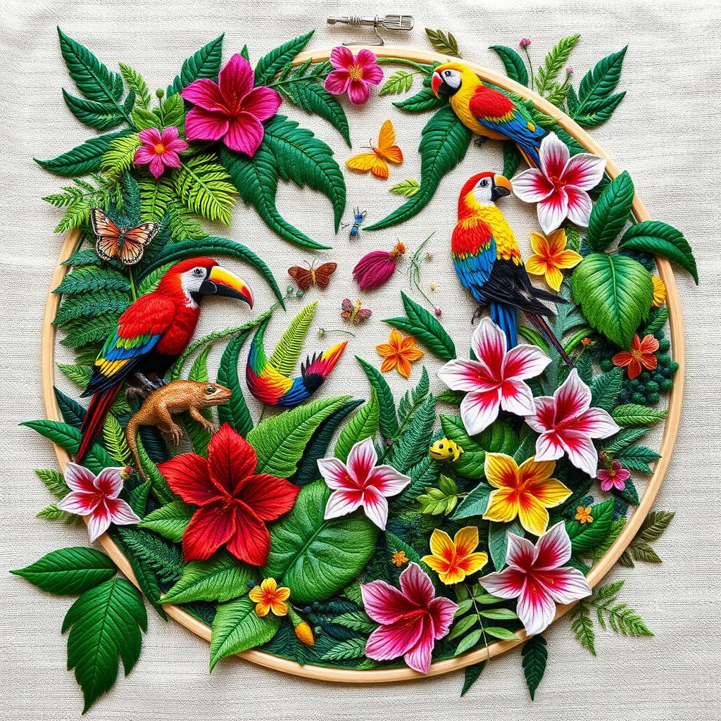 A unique hand embroidery design that combines botanical and wildlife elements