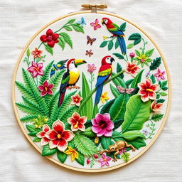 A unique hand embroidery design that combines botanical and wildlife elements