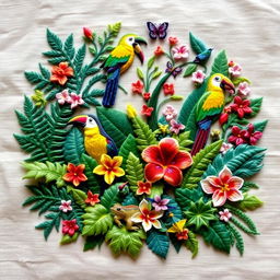 A unique hand embroidery design that combines botanical and wildlife elements