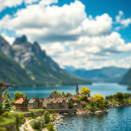 A detailed miniature landscape with towering mountains in the background, a serene lake in the middle, and a small quaint village nestled at the edge of the lake