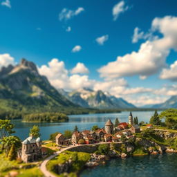 A detailed miniature landscape with towering mountains in the background, a serene lake in the middle, and a small quaint village nestled at the edge of the lake