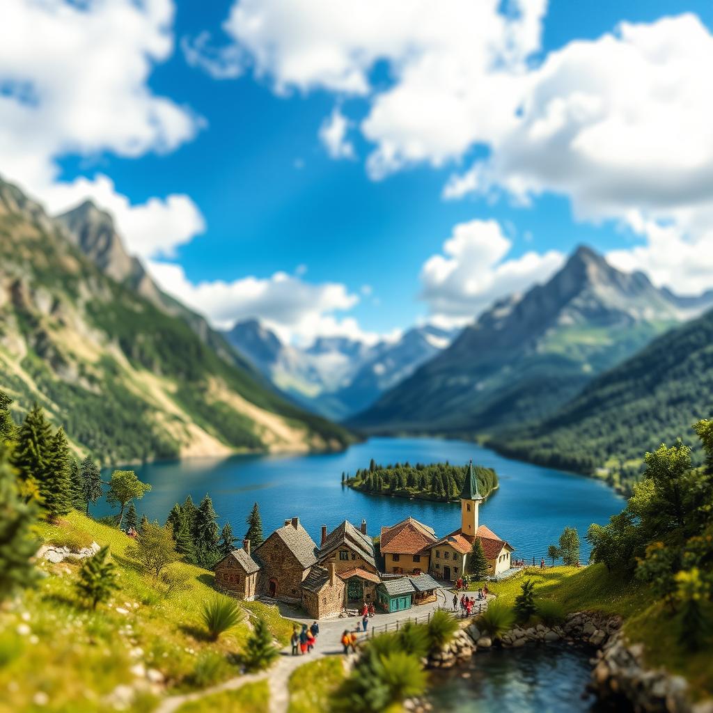 A detailed miniature landscape with towering mountains in the background, a serene lake in the middle, and a small quaint village nestled at the edge of the lake