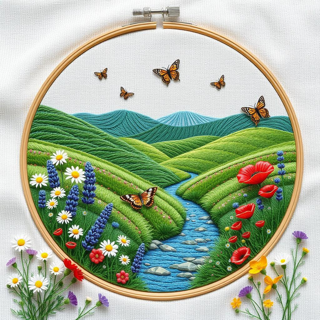 A nature-inspired hand embroidery design capturing the serene beauty of the countryside