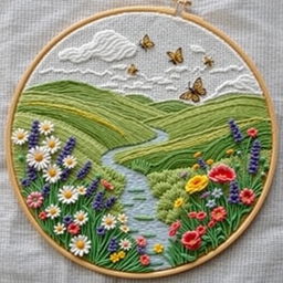 A nature-inspired hand embroidery design capturing the serene beauty of the countryside