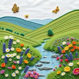 A nature-inspired hand embroidery design capturing the serene beauty of the countryside