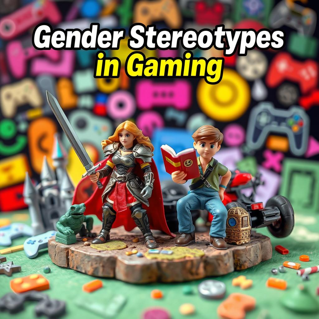 A captivating YouTube thumbnail design with a miniature scene representing gender stereotypes in video games