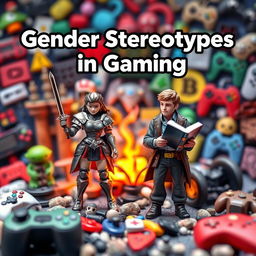 A captivating YouTube thumbnail design with a miniature scene representing gender stereotypes in video games