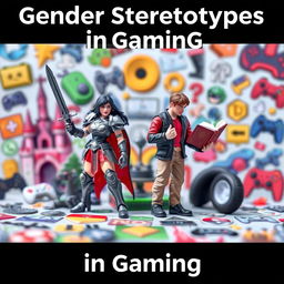 A captivating YouTube thumbnail design with a miniature scene representing gender stereotypes in video games