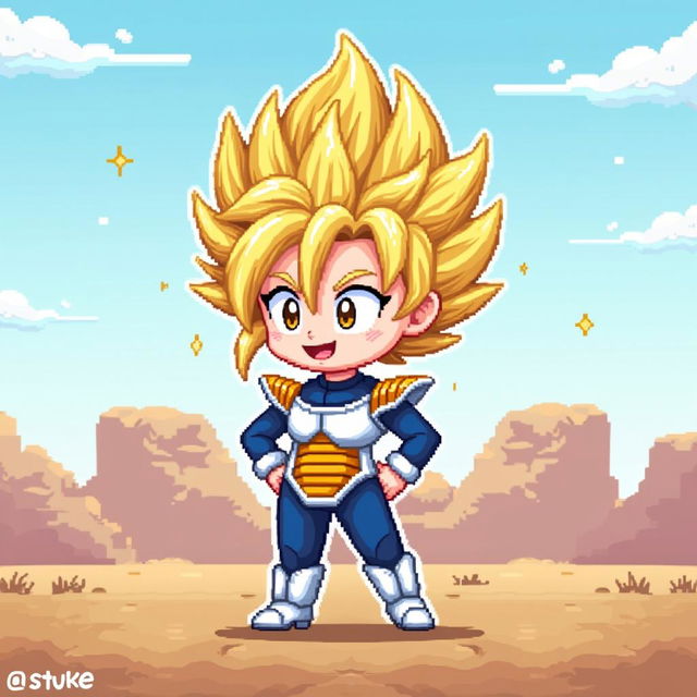 A mini Super Saiyan girl in an 8-bit pixel art style