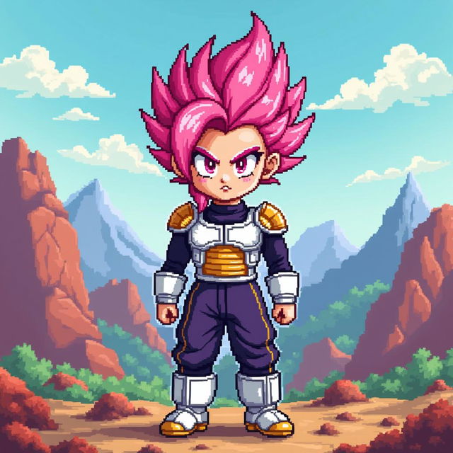 A mini Super Saiyan character depicted as a girl in an 8-bit pixel art style