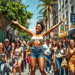 A vibrant outdoor scene depicting a confident woman experiencing freedom in a lively urban atmosphere