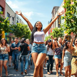 A vibrant outdoor scene depicting a confident woman experiencing freedom in a lively urban atmosphere