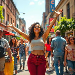 A vibrant outdoor scene depicting a confident woman experiencing freedom in a lively urban atmosphere