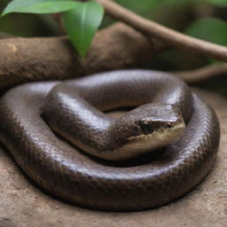 A detailed and visually striking image of a slithering snake (ular) in its natural habitat.