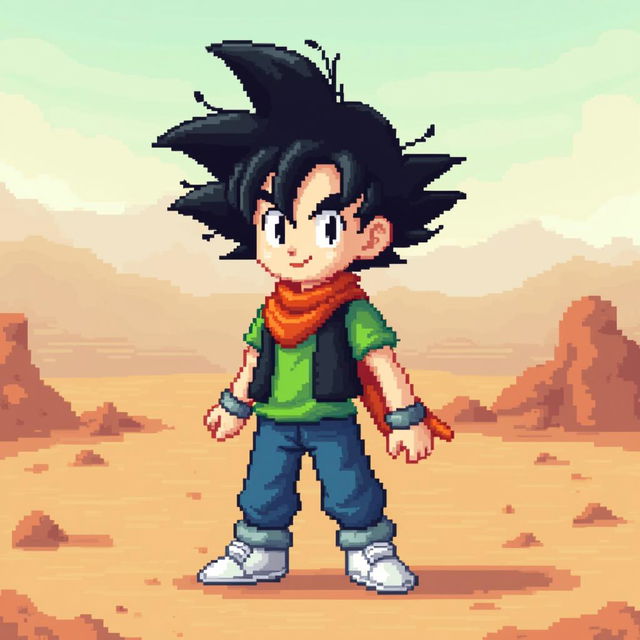 A mini version of Android 17 from Dragon Ball Z in an 8-bit pixel art style