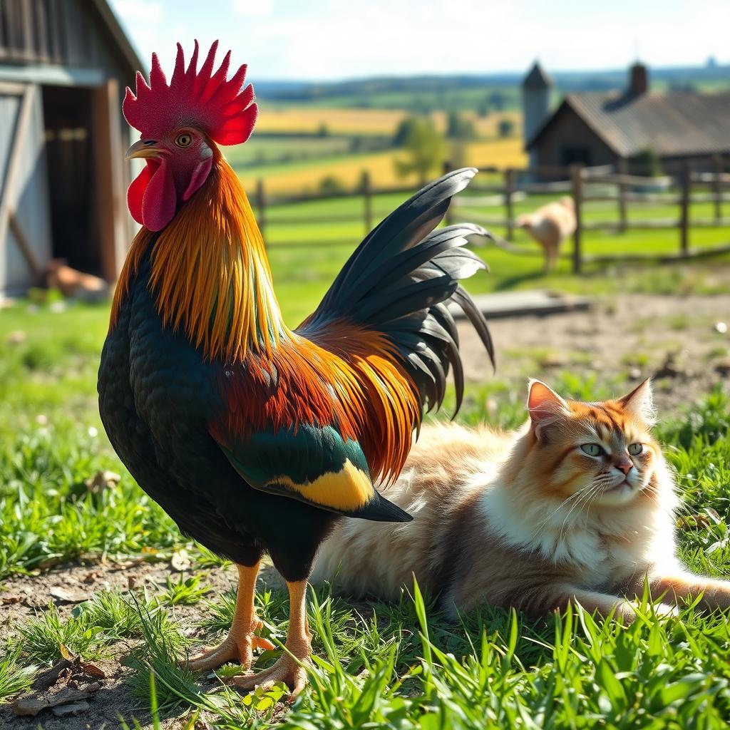 A close-up of a majestic rooster with vibrant, iridescent feathers standing proudly in a lush barnyard