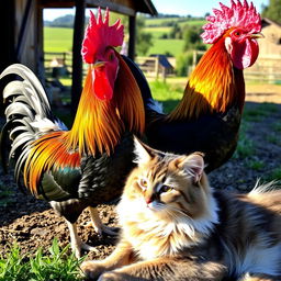 A close-up of a majestic rooster with vibrant, iridescent feathers standing proudly in a lush barnyard