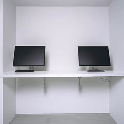 Minimalistic computer tables firmly attached to the clean, smooth walls in a well-lit room