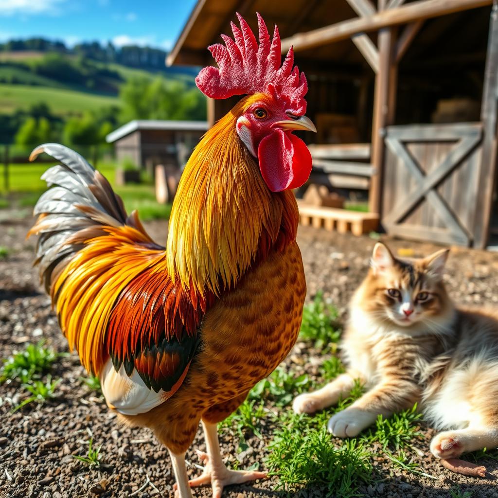 A close-up of a majestic rooster with vibrant, iridescent feathers standing proudly in a lush barnyard