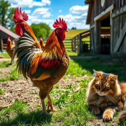 A close-up of a majestic rooster with vibrant, iridescent feathers standing proudly in a lush barnyard