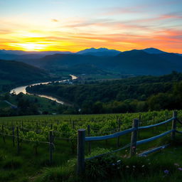 Stunning landscape photography capturing the natural beauty of Virginia, showcasing the Blue Ridge Mountains in the background, lush greenery in the foreground, and a serene sunset sky with vibrant colors