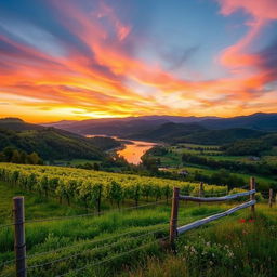 Stunning landscape photography capturing the natural beauty of Virginia, showcasing the Blue Ridge Mountains in the background, lush greenery in the foreground, and a serene sunset sky with vibrant colors