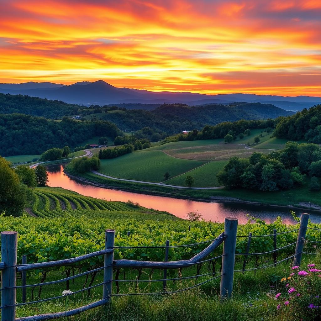 Stunning landscape photography capturing the natural beauty of Virginia, showcasing the Blue Ridge Mountains in the background, lush greenery in the foreground, and a serene sunset sky with vibrant colors