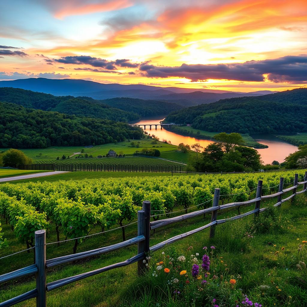 Stunning landscape photography capturing the natural beauty of Virginia, showcasing the Blue Ridge Mountains in the background, lush greenery in the foreground, and a serene sunset sky with vibrant colors