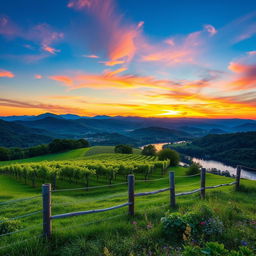 Stunning landscape photography capturing the natural beauty of Virginia, showcasing the Blue Ridge Mountains in the background, lush greenery in the foreground, and a serene sunset sky with vibrant colors