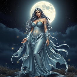 A stunning portrayal of a lunar goddess standing elegantly on a moonlit landscape