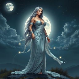 A stunning portrayal of a lunar goddess standing elegantly on a moonlit landscape