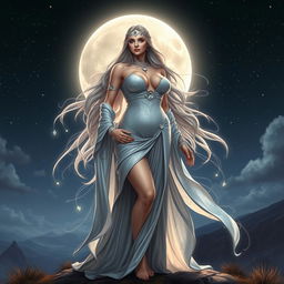 A stunning portrayal of a lunar goddess standing elegantly on a moonlit landscape